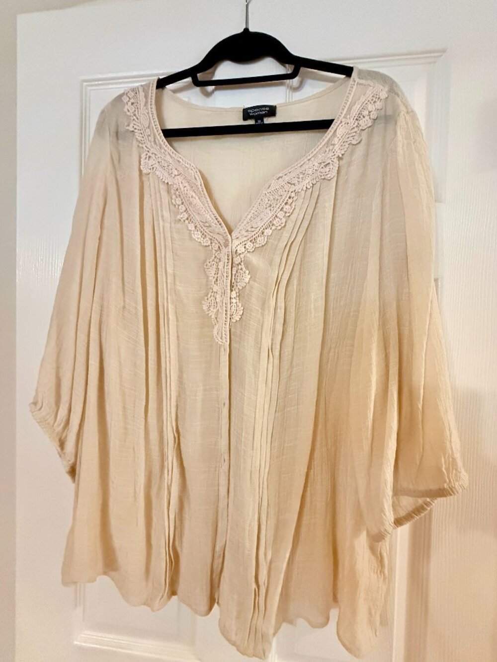 Ivory and Lace Button Down Blouse - Sheer - Solitaire by Khesla - Size 3X